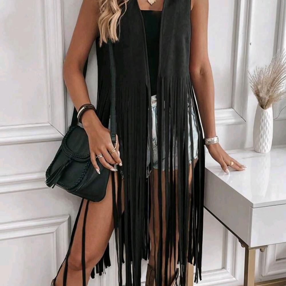 Black Suede Fringe Vest